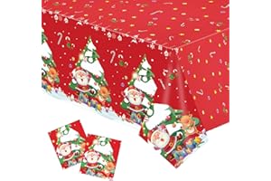 YXBWM Christmas Tablecloth, 2-Pack Waterproof Plastic Table Cover 54x72 Inches, Red Merry Xmas Table Decor with Santa Claus Reindeer and Tree for Holiday Party Celebration (Christmas red)