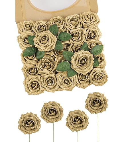 50 Fiori Artificiali Teste Di Rose In Tessuto - Oro, Per Decorazioni, Matrimoni, Fai Da Te - Foto 11