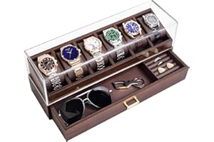 KAMIER Wysokiej klasy drewniane pudełko na zegarki z 6 przegródkami i szklaną pokrywką, 2-warstwowy organizer na biżuterię dla mężczyzn, gablota, idealny prezent biznesowy dla entuzjastów zegarków (z