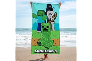 ‎FAMILANDO Familando Minecraft Handtuch Strandtuch für Jungen 70x140 cm aus 100% Baumwolle · Badetuch Motiv Creep mit Blöcke Zombie und Enderman in Blau Grün · Strandlaken Dusch-Tuch für Draußen und Drinnen