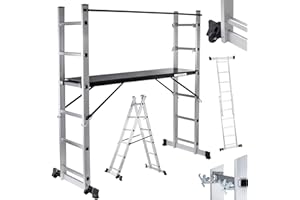 MAXCRAFT Gerüst Baugerüst Aluminium Leiter Arbeitsgerüst Stehleiter Multifunktionsgerüst Arbeitsbühne mit Geländer und Rollen