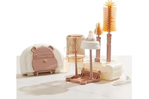 FUSACONY Baby Bottle Brush Set 7 in 1, Travel Portable Silicone Bottle Brush, Teat Brush, Straw Brush, Bottle Drying Rack, Soap Dispenser and Storage Case (Coffee Bear)