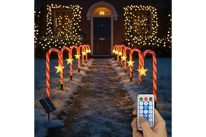 Neo Large 42cm 12 Piece Set Pack Remote Solar Panel Battery Candy Cane Christmas Lights LED Outdoor Decorations 8 Modes Festive Path Waterproof Yard Stakes