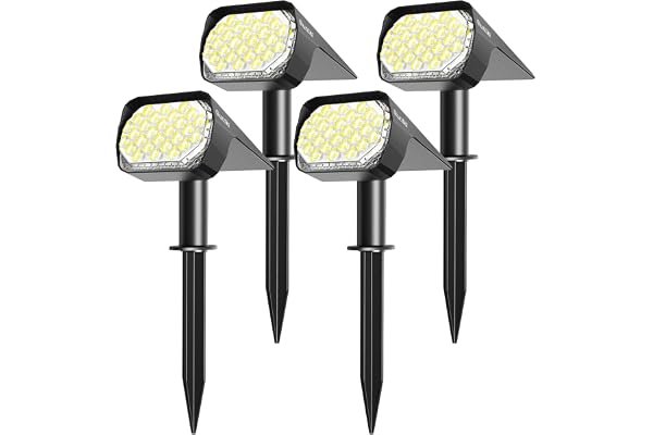 Quntis Lot de 4 Spot Solaire Exterieur IP65 Etanche, 3 Niveaux Luminosité Réglable, 28LEDs 6500K Projecteur Solaire Exterieur Pour Chemin Jardin Garage Terrasse Cour, Blanc Froid