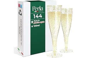 PERLA ITALIA Perla - 144 Flute da Champagne Eleganti in Plastica - 120ml - Calici Trasparenti Glitterati Oro - Resistenti e Riutilizzabili - Bicchieri da Brindisi per Feste Compleanni Matrimoni Natale Capodanno