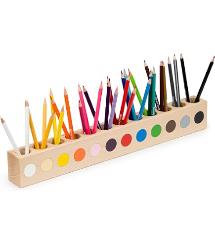 Organisateur Crayons En Bois Avec 11 Compartiments Amovibles - Rangement Bureau Stylos, Feutres, Marqueurs - Coloré Et Pratique