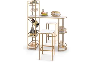 HOMASIS Bartisch-Set, Bartisch und 2 Hocker, Stehtischl mit Ablagefläche, Beistelltisch mit Weinregal & Glashalter Esstisch aus Holz, 120 x 43,5 x 150,5 cm, Marmor Gold Skandinavisch Metallgestell