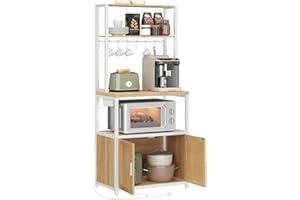 VASAGLE Kitchen Bakers Rack with Power Outlet, Coffee Bar Cabinet with 90 cm High Worktop, Microwave Stand with 8 Hooks, 40 x 60 x 170 cm, Golden Oak and Cloud White KKS058Y01