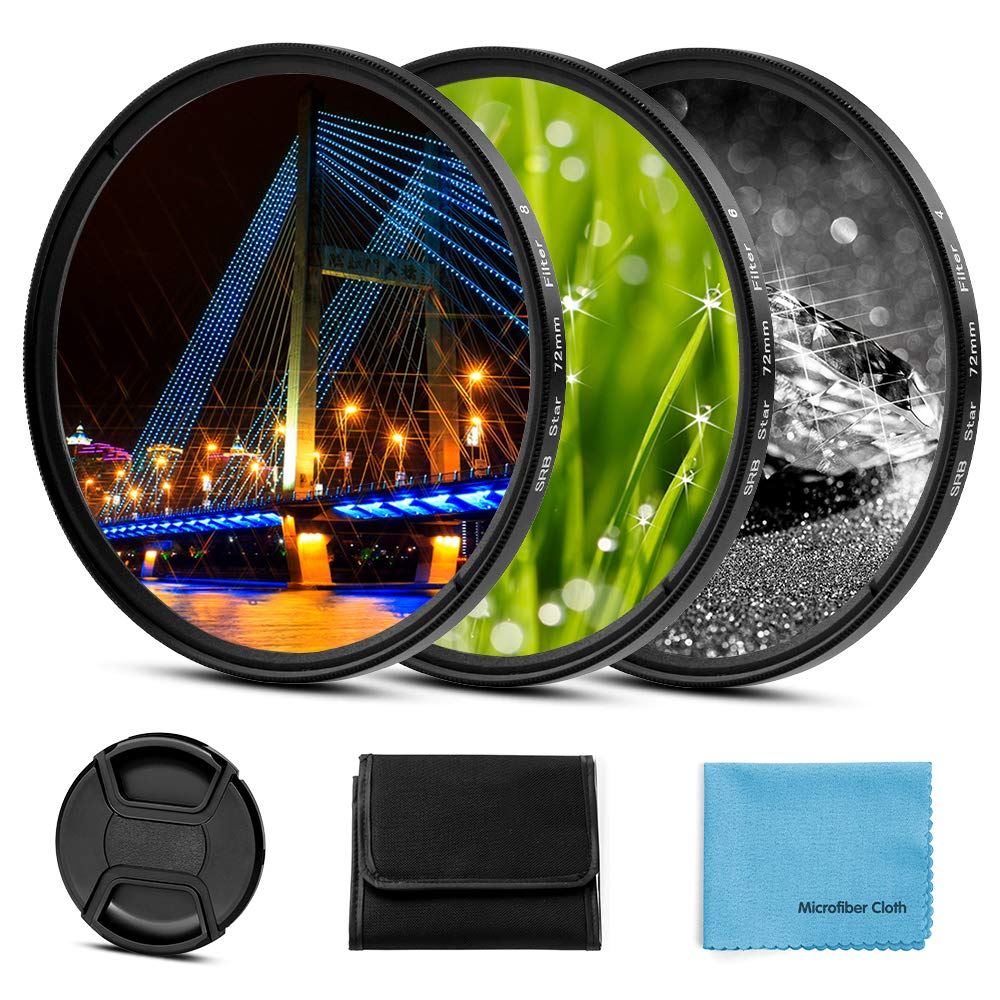 58mm Star Filter 3 Pieces Starburst Lens Filter(4 Points,6 Points,8 Points) with Centre Pinch Lens Cap for Canon Nikon Sony Olympus Pentax Tarmon Sigma and Other DSLR Cameras + 3 Slot Filter Pouch