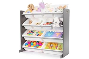 LIVIVO Children Kids 4 Tier Toy Book Story Bedroom Storage Shelf Unit & 12 Plastic Boxes Drawers Tubs Organiser Rack (Grey - White)