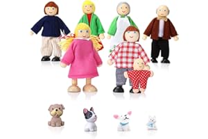 DUOCIYUAN Puppenhaus Puppen, 11 Stück Puppenhaus Figuren mit Katze und Hund Puppen Familie Set Holzpuppe Spielzeug für Kinder Puppenfamilien Biegepuppen für Puppenhaus Zubehör Geschenk