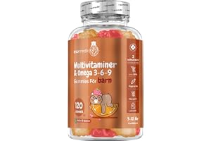 Multivitamingummibonbons för barn med Omega-3, 6 och 9 samt Vitamin C – 120 gummibonbons för barn – D3, B7, B12, E, B1, B2, B3, B5 och Vitamin B9 samt jod och Zink – hallon och apelsinsmak – maxmedix