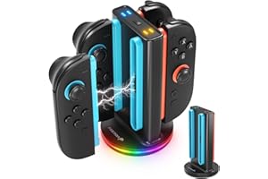 Fosmon Station de Charge pour Manettes Nintendo Switch 2 Joy-Con - Charge Rapide 4-en-1 avec Éclairage RGB (9 Modes) et Indicateur LED - Chargeur Manette Switch 2 -