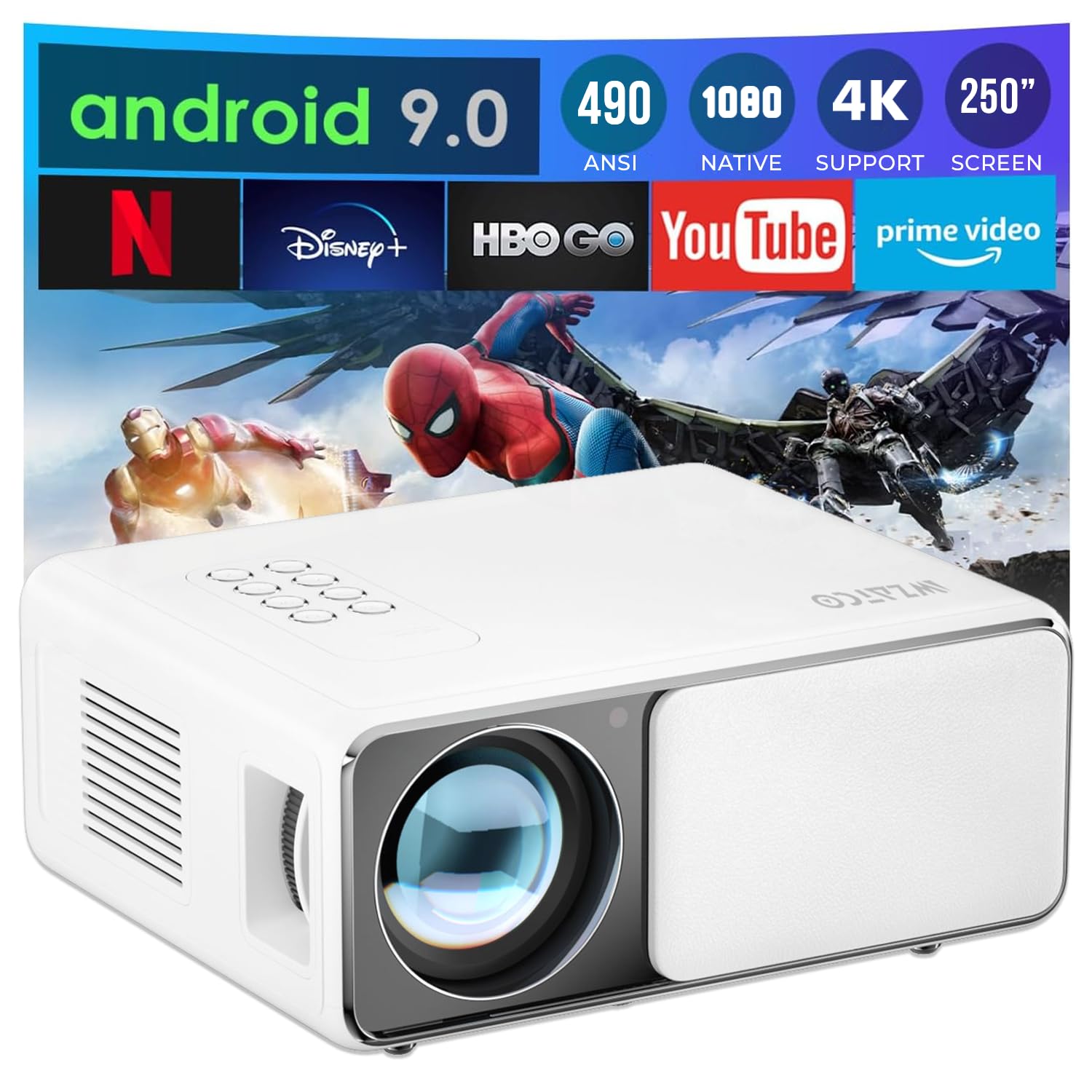 WZATCO Yuva Plus Android, Native 1080P Full HD 4K Support LED Projector for Home, 490 ANSI, 250