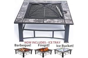 RayGar 3 in 1 Square Fire Pit BBQ Ice Pit Patio Heater Stove Brazier Metal Outdoor Garden Firepit With Ceramic Tiles + Protective Cover (Now Includes Ice Tray) FP44 - New