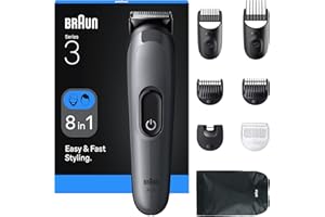 Braun Series 3 Wielofunkcyjny zestaw do pielęgnacji ciała, 8 w 1, niezwykle ostre ostrze, 14 ustawień długości, zarostu i włosów, 50-minutowy czas działania, łatwa i szybka stylizacja, AIO3540, szary