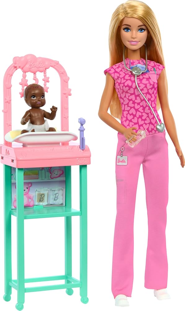 Barbie Kariyer Oyun Setleri - Doktor Bebek Çocuk Doktoru Barbie, sarışın bebek, 1 bebek figürü, mobilya ve aksesuarlar JCR72
