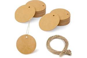 DESDIRA 195pcs Etichette Regalo in Carta Kraft con Corda di Luta Naturale Lungo, 6CM Rotonda Etichette Cartoncino, Ideale per Etichette Regalo, Cartellini Prezzo e Fai Da Te