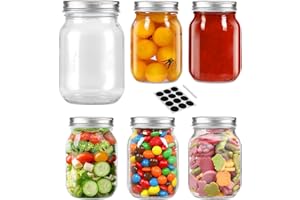 ZHOUZGLASS Glass Regular Mouth Mason Jars, 16 oz Clear Glass Jars with Silver Metal Lids for Sealing, Canning Jars for Food Storage, Overnight Oats, Dry Food, Snacks, Candies, DIY, Meal Prep (Silver, 6PACK)