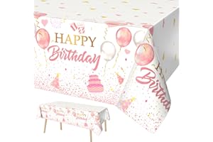 FunHot Birthday Tablecloth, Pink and Gold Birthday Decorations, 54 x 108 Inch Waterproof Rectangle Happy Birthday Table Cover for Baby Shower Girls Women Birthday Party Decorations