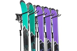 Hutigertech Ski Wall Rack, 5 Pairs of Snowboard Wall Storage Rack, Home and Garage Skiing Storage Rack Wall Mount, Adjustable Rubber-Coated Hooks Hold up to 500lbs