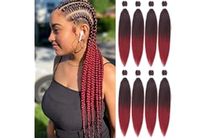 Leeven 8 Packs Pre Stretched Braiding Hair Extension Yaki Straight Ombre Red EZ Braids Professional Braiding Hair Kanekalon Fiber Hair Extensions /26 Inch 1B900#