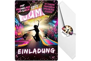 ‎CELEBR8TE celebr8te 12x Einladungskarten im pinken Jump Trampolin Design - Für den Kindergeburtstag von Mädchen im Jumphouse Trampolinpark +12 Umschläge +12 Sticker