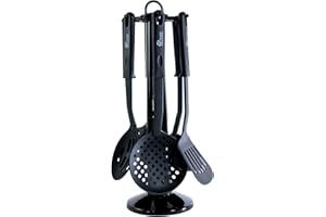 Pradel Excellence - PUST003009 - Ensemble 6 Ustensiles de Cuisine - Nylon Noir - Manches Polypropylène - Support Rotatif - Cuillère à Sauce, Louche, Pelle, Écumoire, Cuillère à Spaghetti