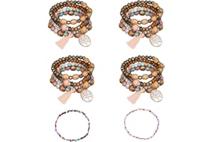 ATBUSS bransoletka z drewnianymi koralikami, 4 sztuki, 2 kolorowe delikatne koraliki, damskie, wielowarstwowe, elastyczne, zawieszka z motywem drzewa życia, 170