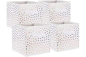 DII W groszki składany kosz na śmieci kolekcja z włókniny do przechowywania, duży zestaw, 11 x 11 x 11 kostka, biały i złoty 4 sztuki