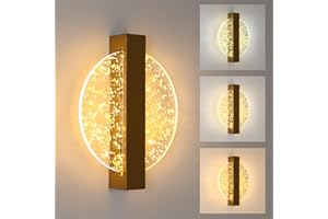 COMELY Apliques de Pared Interior Regulable, 12W Oro Redondo Lámpara de Pared LED 3000/4000K/6500K, Lampara Pared Interior para Salón Pasillo Escaleras Dormitorio