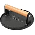 Joeji's Kitchen Burger Meat Bacon Press - Heavy Duty Cast Iron Non-Stick - Professional Burger Smasher to Sear Perfect Char Marks - Wood Handle - Ideal BBQ Grill Kitchen Accessory