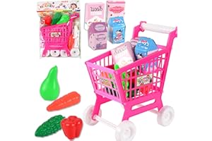 FALAFOTY Kids Shopping Cart Trolley Toy, 21PCS Supermarket Shopping Playset Cart with Food Fruit Vegetables, Pretend to Play Role Play Educational Toy Gift for Kids Shopping Store Cart Accessory (Pink)