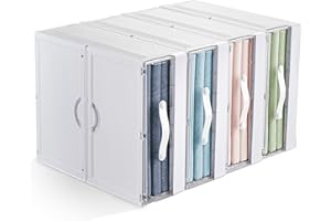 BTGGG 4 Stück Plastik Bettwäsche Organizer, Faltbarer Bettwäsche Aufbewahrung mit Handhaben, Schrank Organizer Kleiderschrank Aufbewahrung mit klarem Fenster für Bettbezug Kleidung, Plastik Weiß