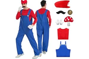 Forfamy Disfraz de Super Bros Cosplay para Niños Adultos, Disfraces de Carnaval para Niños, Classic Traje con sombrero y bigote para Carnaval, Disfraces
