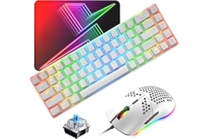 ZIYOU LANG 60% Mechanical Gaming Keyboard Compact Type C Wired 68 Keys LED Backlit USB Waterproof Keyboard 18 Chroma RGB Backlight Anti-ghosting Key+RGB 6400DPI Gaming Mouse+Mouse Pad (White/Blue switch)