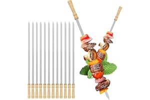 ICHIGO ICHIE 12 Piezas Brochetas Planas para Barbacoa de Acero Inoxidable con Mango de Madera, Pinchos para Barbacoa Reutilizables y Resistentes, Ideal para Parrilla, Pinchitos, Pinchos Morunos y BBQ, 40cm