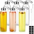 Invalidism Glass Bottles with Lids, 6 Pack 500ml Empty Glass Water Bottles, Airtight, Leakproof, Stainless Steel Lids, Smoothies, Juice Bottles with Cleaning Brush for Work, Gym, Home
