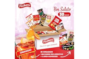 PIÙBUONO Più Buono Box aperitivo salato 30 PEZZI Tutto rigorosamente MONOPORZIONATO ciotola e bicchiere in vetro in omaggio patatnine snack salato stuzzichini