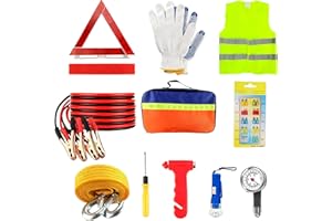 Houbobo Car Emergency Kit, 11PCS European Driving Travel Kits, Roadside Safety Tool Kit with Jump Leads, Warning Triangle, Hi-Vis Vest, Emergency Hammer, Tyre Pressure Gauge, Flashlight for Women Men