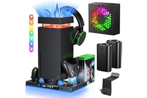 Gorixer Soporte de carga con ventilador de refrigeración inteligente AI para Xbox Series X con alta potencia, base de carga dual inalámbrica para controlador Xbox X, 2 baterías recargables de 1400