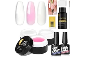 Coscelia Kit Gel Ricostruzione Unghie, 3 X 15ml Gel Unghie Ricostruzione Bianco Rosa Trasparente, 30ml Soluzione Acrigel per Unghies, 8ml Top Base Coat, Adatto ai principianti e Home DIY