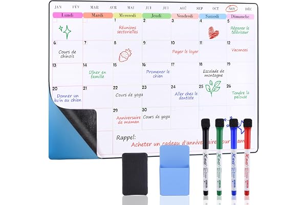 POPRUN 60x40 cm Calendrier Adhesif Tableau blanc Planning Mural, Planificateur Mensuel/Semainer effaçable parfait pour Planification des Tâches, Organiseur Hebdomadaire Repas familial - en Français