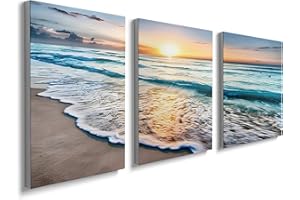 PRINFANTASY Sunset Beach Canvas Wall Art for Living Room Modern Artwork Nature Blue Sea Landscape Bathroom Pictures Bedroom Wall D茅cor Family Prints Paintings Wall Decorations Hallway Kitchen Office, YH1306