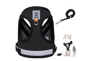 GRANTOP Cat Harness and Lead Set, Escape Proof Cat Kitten Walking Vest with Leash, Adjustable Soft Reflective Mesh Vest Harness and Lead for Small Medium Cats Pets (Black, M)