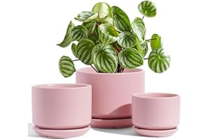 LE TAUCI Ceramiczne doniczki na rośliny, 4,3 + 5,3 + 17,3 cm, zestaw 3 doniczek z otworem odpływowym i spodkiem, doniczka wewnętrzna z podkładką z siatki, prezenty dla mamy, różowe