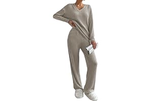 Famulily Womens Pyjamas Set Nightwear, Ladies Ribbed 2 Piece Outfits Loungewear Sets Leisure Suits Homewear V Neck Long Sleeve Jumpers and Wide Leg Trousers with Pockets
