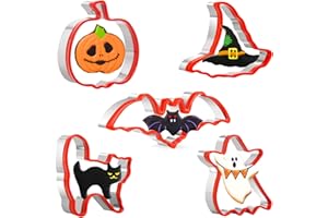 CRETHINKATY Lot de 5 emporte-pièces Halloween en acier inoxydable avec bord protecteur en silicone pour la cuisson – citrouille, chauve-souris, fantôme, chat et chapeau de sorcière