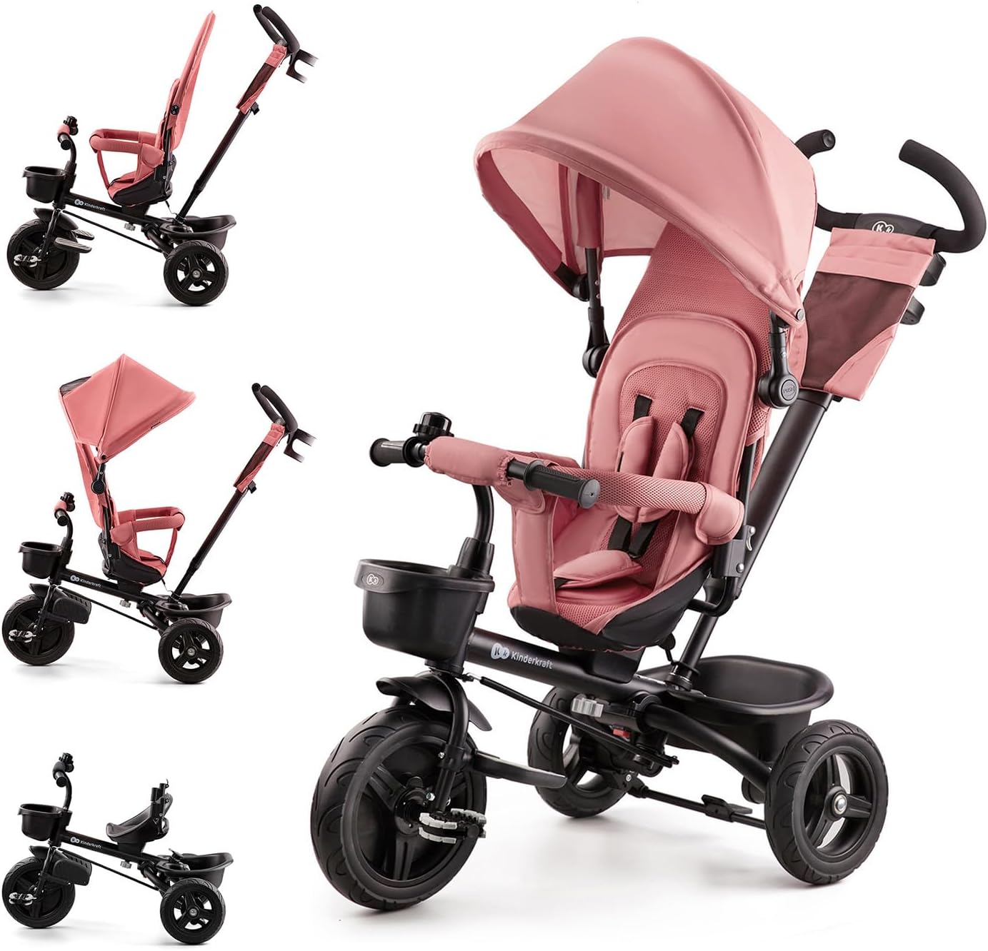 Kinderkraft Aveo Bebé, Plegable, Trike, Bicicleta para Niños, Triciclo Evolutivo, Sin Pedales, Bicicleta Bebe, con Accesorios Práctico, Dos Cestas, 9 Meses a 25 kg, Rosa