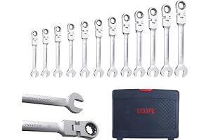CCLIFE 12-delad spärrnyckelsats, ringspärrnyckel gaffelnyckel 8–19 mm, Cr-V 72 tänder, verktygsset för bilreparation, 180° flexibel, inkl. plastlåda